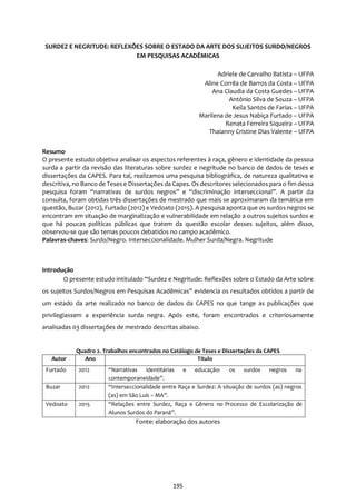 195
SURDEZ E NEGRITUDE: REFLEXÕES SOBRE O ESTADO DA ARTE DOS SUJEITOS SURDO/NEGROS
EM PESQUISAS ACADÊMICAS
Adriele de Carvalho Batista – UFPA
Aline Corrêa de Barros da Costa – UFPA
Ana Claudia da Costa Guedes – UFPA
Antônio Silva de Souza – UFPA
Keila Santos de Farias – UFPA
Marilena de Jesus Nabiça Furtado – UFPA
Renata Ferreira Siqueira – UFPA
Thaianny Cristine Dias Valente – UFPA
Resumo
O presente estudo objetiva analisar os aspectos referentes à raça, gênero e identidade da pessoa
surda a partir da revisão das literaturas sobre surdez e negritude no banco de dados de teses e
dissertações da CAPES. Para tal, realizamos uma pesquisa bibliográfica, de natureza qualitativa e
descritiva, no Banco de Tesese Dissertações da Capes. Os descritores selecionados para o fim dessa
pesquisa foram “narrativas de surdos negros” e “discriminação interseccional”. A partir da
consulta, foram obtidas três dissertações de mestrado que mais se aproximaram da temática em
questão, Buzar (2012), Furtado (2012) e Vedoato (2015). A pesquisa aponta que os surdos negros se
encontram em situação de marginalização e vulnerabilidade em relação a outros sujeitos surdos e
que há poucas políticas públicas que tratem da questão escolar desses sujeitos, além disso,
observou-se que são temas poucos debatidos no campo acadêmico.
Palavras-chaves: Surdo/Negro. Interseccionalidade. Mulher Surda/Negra. Negritude
Introdução
O presente estudo intitulado “Surdez e Negritude: Reflexões sobre o Estado da Arte sobre
os sujeitos Surdos/Negros em Pesquisas Acadêmicas” evidencia os resultados obtidos a partir de
um estado da arte realizado no banco de dados da CAPES no que tange as publicações que
privilegiassem a experiência surda negra. Após este, foram encontrados e criteriosamente
analisadas 03 dissertações de mestrado descritas abaixo.
Quadro 2. Trabalhos encontrados no Catálogo de Teses e Dissertações da CAPES
Autor Ano Título
Furtado 2012 “Narrativas identitárias e educação: os surdos negros na
contemporaneidade”.
Buzar 2012 “Interseccionalidade entre Raça e Surdez: A situação de surdos (as) negros
(as) em São Luís – MA”.
Vedoato 2015 “Relações entre Surdez, Raça e Gênero no Processo de Escolarização de
Alunos Surdos do Paraná”.
Fonte: elaboração dos autores
 