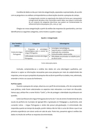 33
A análise de dados se deu por meio da categorização, separadas e apresentadas, de acordo
com as perguntas e as análises correspondentes as observações durante a pesquisa de campo.
A categorização consiste na organização dos dados de forma que o pesquisador
consiga tomar decisões e tirar conclusões a partir deles. Isso requer a construção
de um conjunto de categorias descritivas, que podem ser fundamentadas no
referencial teórico da pesquisa. (GIL, 2002, p. 134)
Chegou-se a essa categorização a partir da análise das respostas do questionário, com isso
identificamos as seguintes categorias, como mostra o quadro a seguir:
Quadro 1: Categorização
Fonte: elaboração própria.
Contudo, compreendeu-se a análise dos dados em uma abordagem qualitativa, por
observar e captar as informações necessárias para essa pesquisa por meio da subjetividade das
respostas, uma vez que o propósito da pesquisa não se dá em quantificaros dados, mas, sobretudo,
entender o início e as causas do fenômeno.
Perfil do sujeito
Durante a pesquisa de campo, observou-se o perfil da entrevistada, a fim de compreender
suas práticas, onde foram selecionados os aspectos mais relevantes a se trazer em discussão.
Vamos aqui, atribuir-lhe o nome fictício “Carla”, a fim de proteger a identidade da professora em
questão.
Carla é professora de Língua Portuguesa da turma do 1º ano do ensino fundamental de uma
escola da periferia do município de Igarapé-Miri, é graduada em Pedagogia e, atualmente, está
cursando Letras – Língua Portuguesa e ainda não possui pós-graduação. A entrevistada não
respondeu quanto ao tempo de atuação, porém relatou não ter tido o curso de Libras e que é sua
primeira experiência com aluno surdo em sala de aula. Posto isto, passamos agora à análise dos
dados no intuito de verificar as respostas da entrevistada.
Eixo Temático
Central
Categorias Subcategorias
Ensino da Língua
Portuguesa
1- 1. Propostas e estratégias
metodológicas para o ensino da
Língua Portuguesa.
 Estratégias metodológicas;
 Suportes para o trabalho docente;
 Explicação dos conteúdos;
 Forma de avaliar o aluno surdo;
2.Dificuldades no ensino da Língua
Portuguesa.
 Dificuldades encontradas no trabalho junto
ao aluno surdo.
 