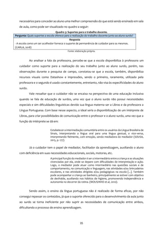 35
necessários para conceder ao aluno uma melhor compreensão do que está sendo ensinado em sala
de aula, como pode ser visualizado no quadro a seguir:
Quadro 3: Suportes para o trabalho docente.
Pergunta: Quais suportes a escola oferece para a realização do trabalho docente junto ao aluno surdo?
Resposta
- A escola como um ser acolhedor fornece o suporte de permanência de cuidador para os mesmos.
(CARLA, 2018)
Fonte: elaboração própria.
Ao analisar a fala da professora, percebe-se que a escola disponibiliza à professora um
cuidador como suporte para a realização do seu trabalho junto ao aluno surdo, porém, nas
observações durante a pesquisa de campo, constatou-se que a escola, também, disponibiliza
recursos visuais como Datashow e impressões, sendo o primeiro, raramente, utilizado pela
professora e o segundo é usado constantemente, entretanto, não visa às especificidades do aluno
surdo.
Vale ressaltar que o cuidador não se encaixa na perspectiva de uma educação inclusiva
quando se fala de educação de surdos, uma vez que o aluno surdo não possui necessidades
especiais e sim dificuldades linguísticas devido sua língua materna ser a Libras e da professora a
Língua Portuguesa. Com base nesse aspecto, o ideal seria a disponibilização de um intérprete de
Libras, para criar possibilidades de comunicação entre o professor e o aluno surdo, uma vez que a
função do intérprete se dá em:
Estabelecer a intermediação comunitária entre os usuários da Língua Brasileira de
Sinais, interpretando a língua oral para uma língua gestual, e vice-versa,
interpretando fielmente, com emoção, sendo mediadora do mediador (SOUSA,
2015, p. 177).
Já o cuidador tem o papel de mediador, facilitador da aprendizagem, auxiliando o aluno
com deficiência em suas necessidades educacionais, sociais, motoras, etc.
A principal função do mediador é ser o intermediário entre a criança e as situações
vivenciadas por ela, onde se depare com dificuldades de interpretação e ação.
Logo, o mediador pode atuar como intermediário nas questões sociais e de
comportamento, na comunicação e linguagem, nas atividades e/ou brincadeiras
escolares, e nas atividades dirigidas e/ou pedagógicas na escola [...]. Também
pode acompanhar a criança ao banheiro, principalmente se estiver com objetivo
de desfralde, auxiliando nos hábitos de higiene, promovendo independência e
autonomia no decorrer da rotina. (MOUSINHO et al, 2010).
Sendo assim, o ensino da língua portuguesa não é realizado de forma eficaz, por não
consegui repassar os conteúdos, já que o suporte oferecido para o desenvolvimento da aula junto
ao surdo se torna ineficiente por não suprir as necessidades de comunicação entre ambos,
dificultando o processo de ensino aprendizagem.
 