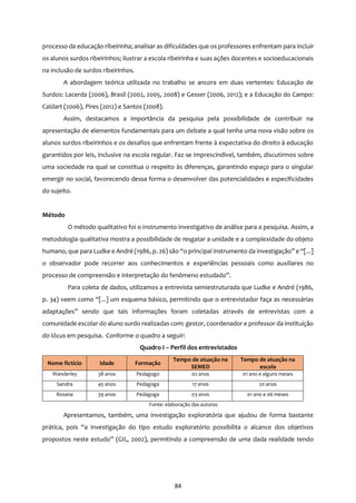 84
processo da educação ribeirinha; analisar as dificuldades que os professores enfrentam para incluir
os alunos surdos ribeirinhos; ilustrar a escola ribeirinha e suas ações docentes e socioeducacionais
na inclusão de surdos ribeirinhos.
A abordagem teórica utilizada no trabalho se ancora em duas vertentes: Educação de
Surdos: Lacerda (2006), Brasil (2002, 2005, 2008) e Gesser (2006, 2012); e a Educação do Campo:
Caldart (2006), Pires (2012) e Santos (2008).
Assim, destacamos a importância da pesquisa pela possibilidade de contribuir na
apresentação de elementos fundamentais para um debate a qual tenha uma nova visão sobre os
alunos surdos ribeirinhos e os desafios que enfrentam frente à expectativa do direito à educação
garantidos por leis, inclusive na escola regular. Faz-se imprescindível, também, discutirmos sobre
uma sociedade na qual se constitua o respeito às diferenças, garantindo espaço para o singular
emergir no social, favorecendo dessa forma o desenvolver das potencialidades e especificidades
do sujeito.
Método
O método qualitativo foi o instrumento investigativo de análise para a pesquisa. Assim, a
metodologia qualitativa mostra a possibilidade de resgatar a unidade e a complexidade do objeto
humano, que para Ludke e André (1986, p. 26) são “o principal instrumento da investigação” e “[...]
o observador pode recorrer aos conhecimentos e experiências pessoais como auxiliares no
processo de compreensão e interpretação do fenômeno estudado”.
Para coleta de dados, utilizamos a entrevista semiestruturada que Ludke e André (1986,
p. 34) veem como “[...] um esquema básico, permitindo que o entrevistador faça as necessárias
adaptações” sendo que tais informações foram coletadas através de entrevistas com a
comunidade escolar do aluno surdo realizadas com: gestor, coordenador e professor da instituição
do lócus em pesquisa. Conforme o quadro a seguir:
Quadro I – Perfil dos entrevistados
Nome fictício Idade Formação
Tempo de atuação na
SEMED
Tempo de atuação na
escola
Wanderley 38 anos Pedagogo 02 anos 01 ano e alguns meses
Sandra 45 anos Pedagoga 17 anos 20 anos
Rosana 39 anos Pedagoga 03 anos 01 ano e 06 meses
Fonte: elaboração das autoras
Apresentamos, também, uma investigação exploratória que ajudou de forma bastante
prática, pois “a investigação do tipo estudo exploratório possibilita o alcance dos objetivos
propostos neste estudo” (GIL, 2002), permitindo a compreensão de uma dada realidade tendo
 