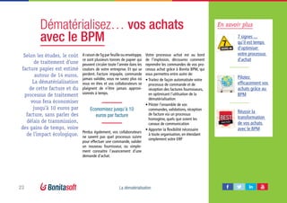 23 La dématérialisation
Dématérialisez… vos achats
avec le BPM
Selon les études, le coût
de traitement d’une
facture papier est estimé
autour de 14 euros.
La dématérialisation
de cette facture et du
processus de traitement
vous fera économiser
jusqu’à 10 euros par
facture, sans parler des
délais de transmission,
des gains de temps, voire
de l’impact écologique.
A raison de 5g par feuille ou enveloppe,
ce sont plusieurs tonnes de papier qui
peuvent circuler toute l’année dans les
couloirs de votre entreprise. Et qui se
perdent. Facture impayée, commande
jamais validée, vous ne savez plus où
vous en êtes et vos collaborateurs se
plaignent de n’être jamais approvi-
sionnés à temps.
Votre processus achat est au bord
de l’implosion, découvrez comment
reprendre les commandes de vos pro-
cessus achat grâce à Bonita BPM, qui
vous permettra entre autre de:
•	Traitez de façon automatisée votre
processus de commande et de
réception des factures fournisseurs,
en optimisant l’utilisation de la
dématérialisation
•	Piloter l’ensemble de vos
commandes, validations, réception
de facture via un processus
homogène, quels que soient les
canaux de communication
•	Apporter la flexibilité nécessaire
à toute organisation, en étendant
simplement votre ERP
Economisez jusqu’à 10
euros par facture
En savoir plus
Perdus également, vos collaborateurs
ne savent pas quel processus suivre
pour effectuer une commande, valider
un nouveau fournisseur, ou simple-
ment connaitre l’avancement d’une
demande d’achat.
7 signes ...
qu’il est temps
d’optimiser
votre processus
d’achat
Pilotez
efficacement vos
achats grâce au
BPM
Réussir la
transformation
de vos achats
avec le BPM
7SIGNS
PRACTICES
BEST
 