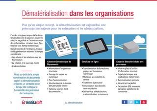 5 La dématérialisation
Gestion Electronique de
Documents
•	Information d’origine non
structurée
•	Passage du papier au
numérique
•	Peu d’automatisation
•	Structuration de la donnée
dématérialisée limitée
•	Factures, courrier, fond
documentaire…
Services en ligne
•	Transformation de formulaires
papiers en formulaires
numériques
•	Meilleure accessibilité du
service
•	Traitement automatisé
•	Structuration des données
semi-structurées
•	Self-service, télédéclaration,
e-admnistration, e-commerce
Gestion dématérialisée des
processus
•	Mise en place d’un flux
d’information structuré
•	Projets techniques aux
implications métier fortes
•	Automatisation optimale
•	Sécurité et traçabilité
•	Facturation EDI, virements
bancaires, plateforme de
commande…
Plus qu’un simple concept, la dématérialisation est aujourd’hui une
préoccupation majeure pour les entreprises et les administrations.
L’un des principaux enjeux de la déma-
térialisation est de pouvoir assurer le
suivi, la traçabilité et l’automatisation
des informations circulant dans l’en-
treprise sous format électronique.
Dans le monde de l’entreprise,trois ac-
tivités génèrent un volume d’échanges
considérable :
•	Les achats et les relations avec les
fournisseurs
•	La relation et le suivi des clients
•	L’administration
Dématérialisation dans les organisations
Mais au-delà de la simple
numérisation de documents
papier, la dématérialisation
présente un véritable levier
lorsqu’elle s’attaque à
l’ensemble des processus
de l’entreprise.
 