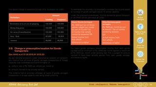 16Email : info@apmh.in. Website : www.apmh.inAPMH Advisory Pvt Ltd
Budget
Highlights
Rates of Taxes
and TDS
Direct Tax
Proposals
Indirect Tax
Proposals
The above change is explained by way of an illustration as under:
3.5) 	 Change in presumptive taxation for Goods
transporters
(Sec 44AE w.e.f 01.04.2019 AY 2019-20)
As per existing provisions under presumptive taxation of transport-
ers, income from all kinds of goods carriages (irrespective of Tonage
capacity) was considered as income at higher of
a)	 uniform rate of Rs 7500 per vehicle per month or
b)	 amount claimed to be actually earned,
This scheme had an anomaly whereby, all types of goods carriages
irrespective of tonage capacity was being taxed uniformly.
To rationalize this anomaly, it is proposed to consider the income based
on tonnage of goods carriages above 12 tonnes capacity.
Under the proposed amendment, income derived by goods transport-
er u/s 44AE will be calculated as under :Particulars
Amount
Existing Proposed
Transaction value of sale of property 100,000 100,000
Stamp duty value 105,000 105,000
Full value of consideration. 105,000 100,000
Less : Cost 50,000 50,000
Income 55,000 50,000
Heavy Goods Carriages:
Rs. 1000 per ton (of Gross
vehicle weight) per month
(or part of month)* No
of months that vehicle
owned by assessee OR
Actual income from
that vehicle
Whichever is higher
Otherthanheavygoods
carriages:
Rs 7500 per month (or part
of month) * No of months
owned by assesse
OR
Actual income from
that vehicle,
Whichever is higher
For heavy goods carriages, presumptive income from each goods
carriage will be minimum of Rs 12000 per month against a maximum
of Rs 7500 per month under existing law. This is subject to amount
claimed to have been actually earned from such goods carriage,
whichever is higher.
 