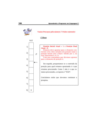106 Aprendendo a Programar em Linguagem C 
1º Passo 
VET 
1] 
2] 
3] 
4] 
5] 
6] 
7] 
8] 0 
Vamos Procurar pelo número 7 (Valor existente) 
1º 
Posição Inicial Atual = 1 e Posição Final 
Atual = 8 
Primeiro devo apontar para o elemento cen-tral 
do vetor. Para calcular esta posição somo a 
posição inicial com a final e divido por 2, ou 
seja, Quociente(1+ 8, 2). 
Com isso concluímos que devemos apontar 
para o elemento de posição 4. 
Em seguida, perguntamos se o conteúdo da 
posição para qual estamos apontando é o que 
estamos procurando. Como 5 não é o que es-tamos 
procurando, a resposta é “NÃO”. 
Concluímos então que devemos continuar a 
pesquisa. 
 