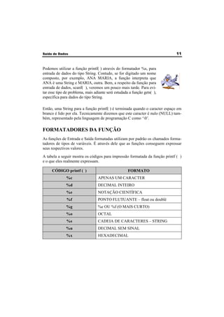 Saída de Dados 11 
Podemos utilizar a função printf( ) através do formatador %s, para 
entrada de dados do tipo String. Contudo, se for digitado um nome 
composto, por exemplo, ANA MARIA, a função interpreta que 
ANA é uma String e MARIA, outra. Bem, a respeito da função para 
entrada de dados, scanf( ), veremos um pouco mais tarde. Para evi-tar 
esse tipo de problema, mais adiante será estudada a função gets( ), 
específica para dados do tipo String. 
Então, uma String para a função printf( ) é terminada quando o caracter espaço em 
branco é lido por ela. Tecnicamente dizemos que este caracter é nulo (NULL) tam-bém, 
representado pela linguagem de programação C como ‘0’. 
FORMATADORES DA FUNÇÃO 
As funções de Entrada e Saída formatadas utilizam por padrão os chamados forma-tadores 
de tipos de variáveis. É através dele que as funções conseguem expressar 
seus respectivos valores. 
A tabela a seguir mostra os códigos para impressão formatada da função printf ( ) 
e o que eles realmente expressam. 
CÓDIGO printf ( ) FORMATO 
%c APENAS UM CARACTER 
%d DECIMAL INTEIRO 
%e NOTAÇÃO CIENTÍFICA 
%f PONTO FLUTUANTE – float ou doublé 
%g %e OU %f (O MAIS CURTO) 
%o OCTAL 
%s CADEIA DE CARACTERES – STRING 
%u DECIMAL SEM SINAL 
%x HEXADECIMAL 
 