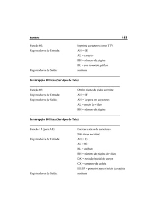 Sumário 183 
Função 0E: Imprime caracteres como TTY 
Registradores de Entrada: AH = 0E 
AL = caracter 
BH = número de página 
BL = cor no modo gráfico 
Registradores de Saída: nenhum 
______________________________________________________________ 
Interrupção 10 Hexa (Serviços de Tela) 
______________________________________________________________ 
Função 0F: Obtém modo de vídeo corrente 
Registradores de Entrada: AH = 0F 
Registradores de Saída: AH = largura em caracteres 
AL = modo de vídeo 
BH = número de página 
______________________________________________________________ 
Interrupção 10 Hexa (Serviços de Tela) 
______________________________________________________________ 
Função 13 (para AT): Escreve cadeia de caracteres 
Não move o cursor 
Registradores de Entrada: AH = 13 
AL = 00 
BL = atributo 
BH = número de página de vídeo 
DX = posição inicial do cursor 
CX = tamanho da cadeia 
ES:BP = ponteiro para o início da cadeia 
Registradores de Saída: nenhum 
 