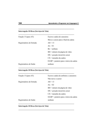 184 Aprendendo a Programar em Linguagem C 
______________________________________________________________ 
Interrupção 10 Hexa (Serviços de Tela) 
______________________________________________________________ 
Função 13 (para AT): Escreve cadeia de caracteres 
Move o cursor para o final da cadeia 
Registradores de Entrada: AH = 13 
AL = 01 
BL = atributo 
BH = número da página de vídeo 
DX = posição inicial do cursor 
CX = tamanho da cadeia 
ES:BP = ponteiro para o início da cadeia 
Registradores de Saída: nenhum 
______________________________________________________________ 
Interrupção 10 Hexa (Serviços de Tela) 
______________________________________________________________ 
Função 13 (para AT): Escreve cadeia de atributos e caracteres 
Não move o cursor 
Registradores de Entrada: AH = 13 
AL = 02 
BH = número da página de vídeo 
DX = posição inicial do cursor 
CX = tamanho da cadeia 
ES:BP = ponteiro para o início da cadeia 
Registradores de Saída: nenhum 
______________________________________________________________ 
Interrupção 10 Hexa (Serviços de Tela) 
______________________________________________________________ 
 