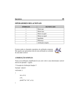Operadores 45 
OPERADORES RELACIONAIS 
SÍMBOLOS SIGNIFICADO 
> Maior que 
< Menor que 
>= Maior ou igual 
<= Menor ou igual 
== Igualdade 
!= Diferença 
= Atribuição simples 
Existem ainda os chamados operadores de atribuição composta. 
São aqueles que apresentam mais de uma atribuição ao conteúdo 
de uma dada variável. 
ATRIBUIÇÃO SIMPLES 
Trata-se da atribuição simplificada de um certo valor à uma determinada variável 
através do operador = (igual). 
/* Exemplo de Atribuição Simples */ 
#include <stdio.h> 
void main( ) 
{ 
int a, b=4; 
a=b; 
printf(“%d %d”, a, b,); 
} 
 