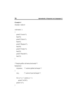 76 Aprendendo a Programar em Linguagem C 
Exemplo 4: 
#include <stdio.h> 
void main ( ) 
{ 
printf (“Luizat”); 
bar(27); 
printf (“Christ”); 
bar(41); 
printf (“Reginat”); 
bar(34); 
printf (“Cindyt”); 
bar(22); 
printf (“Haroldt”); 
bar(15); 
} 
/* função gráfico de barras horizontal */ 
bar(pontos) 
int pontos; /* variável global da função */ 
{ 
int j; /* variável local da função */ 
for ( j=1; j <= pontos; j++ ); 
printf (“xCD”); 
printf (“n”); 
} 
 