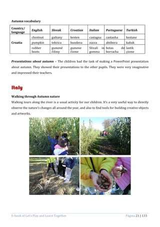 E-book of Let’s Play and Learn Together Página 21 | 133
Autumn vocabulary
Country/
language
English Slovak Croatian Italian Portuguese Turkish
Croatia
chestnut gaštany kesten castagna castanha kestane
pumpkin tekvica bundeva zucca abóbora kabak
rubber
boots
gumené
čižmy
gumene
čizme
Stivali in
gomma
botas de
borracha
lastik
çizme
Presentations about autumn – The children had the task of making a PowerPoint presentation
about autumn. They showed their presentations to the other pupils. They were very imaginative
and impressed their teachers.
Italy
Walking through Autumn nature
Walking tours along the river is a usual activity for our children. It’s a very useful way to directly
observe the nature’s changes all around the year, and also to find tools for building creative objects
and artworks.
 