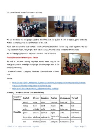 E-book of Let’s Play and Learn Together Página 31 | 133
We remembered some Christmas traditions.
We set the table like the people used to do in the past and put on it a lot of apples, garlic and nuts.
Wafers and honey were also on the table in the past.
Pupils from the Erasmus club wished a Merry Christmas to all of us and we sang carols together. The last
song was Silent Night, Holly Night. Then we also sang Christmas songs and danced folk dances.
We all tasted gingerbread – a typical Christmas cake in Slovakia.
Videoconference with Portugal’s school
We did a Christmas activity together, carols were sung in the
Portuguese, Slovak and English language. We sang Jingle Bells at the
end of our meeting.
Created by: Rebeka Dubayová, Vanesska Trubíniová from Erasmus
club
Source:
 https://damskajazda.webnoviny.sk/spoznajte-mudrost-storocnych-vianocnych-povier/vianoce-
darceky-vianocne-ozdoby-vianocny-stromcek-jpg/
 https://diva.aktuality.sk/clanok/39691/medovniky-vianoce/
Winter / Christmas / New Year Vocabulary
Country/
language
English Slovak Croatian Italian Portuguese Turkish
Slovakia
winter zima zima inverno Inverno kış
Honey med med miele Mel bal
wafers oblátky vafli wafer Bolachas gofret
garlic cesnak češnjak aglio Alho sarımsak
decoration výzdoba dekoracije
decorazio
ni
Decoração dekorasyon
bell zvonček zvono campana Campainha çan
 