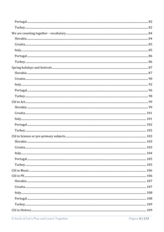 E-book of Let’s Play and Learn Together Página 4 | 133
Portugal.......................................................................................................................................................................................82
Turkey..........................................................................................................................................................................................82
We are counting together - vocabulary............................................................................................................................84
Slovakia .......................................................................................................................................................................................84
Croatia..........................................................................................................................................................................................85
Italy................................................................................................................................................................................................85
Portugal.......................................................................................................................................................................................86
Turkey..........................................................................................................................................................................................86
Spring holidays and festivals.................................................................................................................................................87
Slovakia .......................................................................................................................................................................................87
Croatia..........................................................................................................................................................................................90
Italy................................................................................................................................................................................................92
Portugal.......................................................................................................................................................................................96
Turkey..........................................................................................................................................................................................98
Clil in Art..........................................................................................................................................................................................99
Slovakia .......................................................................................................................................................................................99
Croatia....................................................................................................................................................................................... 101
Italy............................................................................................................................................................................................. 101
Portugal.................................................................................................................................................................................... 102
Turkey....................................................................................................................................................................................... 102
Clil in Science or pre-primary subjects.......................................................................................................................... 103
Slovakia .................................................................................................................................................................................... 103
Croatia....................................................................................................................................................................................... 103
Italy............................................................................................................................................................................................. 104
Portugal.................................................................................................................................................................................... 105
Turkey....................................................................................................................................................................................... 105
Clil in Music................................................................................................................................................................................. 106
Clil in PE........................................................................................................................................................................................ 106
Slovakia .................................................................................................................................................................................... 107
Croatia....................................................................................................................................................................................... 107
Italy............................................................................................................................................................................................. 108
Portugal.................................................................................................................................................................................... 108
Turkey....................................................................................................................................................................................... 109
Clil in History.............................................................................................................................................................................. 109
 
