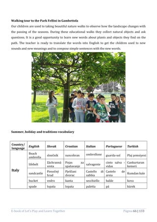 E-book of Let’s Play and Learn Together Página 66 | 133
Walking tour to the Park Fellini in Gambettola
Our children are used to taking beautiful nature walks to observe how the landscape changes with
the passing of the seasons. During these educational walks they collect natural objects and ask
questions. It is a good opportunity to learn new words about plants and objects they find on the
path. The teacher is ready to translate the words into English to get the children used to new
sounds and new meanings and to compose simple sentences with the new words.
Summer, holiday and traditions vocabulary
Country/
language
English Slovak Croatian Italian Portuguese Turkish
Italy
Beach
umbrella
slnečník suncobran ombrellone guarda-sol Plaj şemsiyesi
lifebelt
Záchranná
vesta
Pojas za
spašavanje
salvagente
cinto salva -
vidas
Cankurtaran
kemeri
sandcastle
Piesočný
hrad
Pješčani
dvorac
Castello di
sabbia
Castelo de
areia
Kumdan kale
bucket vedro kanta secchiello balde kova
spade lopata lopata paletta pá kürek
 