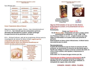 Indice de Enfermedades Ganoderma Lucidum                                  Indice de Enfermedades Ganoderma Lucidum
                                  (Gano Cafe 3en1)                                                          (Gano Cafe 3en1)

                                                                                                                     Para consumir como un
Sus efectos son:                                                                                                        Cafe Instantaneo

           Antibacterial       Antiinflamatorio            Antialérgico

           Antioxidante          Anti-tumoral               Antiviral

          Regulador de la       Cardio-vascular            Reductor de
          presión arterial                                  colesterol

          Moderador del           Potenciador         Tónico para los
           azúcar en la          inmunológico          riñones y el
              sangre                                      hígado                   Producido originalmente y
                                                                                 distribuido unicamente por los
          Tónico para los              Vías            Reductor del              Distribuidores independientes
              nervios            respiratorias            estrés                           de Gano Excel

                                                                          Algunas Enfermedades en las que ha sido efectivo.
Como Tratamiento Ante el Cáncer:                                          El Ganoderma Lucidum, en la presentación de Gano
                                                                          Cafe 3 en 1:
Algunos ensayos en Japón, China y, mas recientemente en                   El Consumo:
los EE.UU., han indicado que los compuestos químicos                                         Existe una Regla de Oro
derivados del Ganoderma Lucidum pueden prolongar                            Es de Menos a Más Empezamos con poco y luego vamos
la supervivencia de los pacientes con cáncer                                      aumentando la cantidad de ¼ ó de ½ AM ½ PM
                                                                          Los Primeros 4 Dias a 1, 2, ó 3 y hasta 4 sobres por dias
El D r. Richard Sullivan, jefe de los programas clínicos para la          segun la enfermedad ó el cuadro critico que presente el
investigación de cáncer en Reino Unido, sugirió que los                   paciente.
compuestos derivados del Ganoderma                                        Este Producto no tiene contra indicaciones, ni efecto toxico
Lucidum podrían tener una influencia beneficiosa en                       secundarios para la salud.
manera se trata contra el cáncer.
                                             Para los casos del:          Recomendaciones:
                                    *tratamiento del neuroblastoma        A partir del momento en que se inicie el consumo de este
                                           *tumores de cerebro
                                              *cáncer de pecho            producto, se recomienda el consumo de abundante agua ó
                                                *cáncer ovárico           liquido que obligue el cuerpo a evacuar a traves del sudor, la
                                            *cánceres gástricos
                                                                          orina ú otros medios, esto ayudara a desintoxicar el
                                               *cáncer hepático
                                              *cáncer de pulmón           organismo.
                                           *cáncer de la próstata         Entre ellos: 8 ó 10 vasos de agua minimo por dia.
                                                    *sarcoma
                                             *cáncer del esófago
                                                  *cáncer fetal           Personas que no deben consumir este producto por lo
            Cancer de Mama                     *cáncer de útero           menos hasta que su medico personal lo indique son:
                                                  *etc.,
                                                                          Aquellas que en el momento se les haya realizado un
                                                                          transplante de organo vital, entre ellos:

                                                                                     CORAZON - HIGADO - RIÑON - PULMON.
 