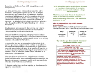 Indice de Enfermedades Ganoderma Lucidum                          Indice de Enfermedades Ganoderma Lucidum
                              (Gano Cafe 3en1)                                                  (Gano Cafe 3en1)


deposición amiloidea profusa del B-b-peptide y enredo          "Se ha demostrado que con el uso continuo del Reishi
neurofibrillary.                                                   se muestra una clara reducción de los efectos
                                                                 secundarios causados por la irradiación o drogas
Los datos anticipados y retrospectivo recogidos sobre                               anticancerígenas"
hombres y las mujeres sugieren que el uso de drogas
antiinflamatorias no esteroidal está asociado al riesgo        "Mientras que una cierta eficacia de Ganoderma en
reducido de la búsqueda de la enfermedad de Alzheimer          cáncer es indudable, sigue siendo importante
aumenta la importancia de los informes antiguos donde          especificar las varias indicaciones y citar la evidencia
Ganoderma fue elogiado por su efecto de aumentar la            para apoyar su uso"
memoria y la falta de memoria de prevención en la tercera
edad divulgada en Shen Nong Bel Cao Jing vol. 1 desde          Esto se puede discutir bajo cuatro diversas
456-536 A.D.                                                   circunstancias:
                                                               Como suplemento durante la quimioterapia o la
Estudios sobre ratones usando Ganoderma oral o tópico          radioterapia para reducir efectos secundarios tales como:
administrado proporciona evidencia que el Ganoderma
Lucidum tiene actividad antiinflamatoria.                                 fatiga           pérdida de            pérdida del
                                                                                             apetito                 pelo
Esta actividad farmacológica puede proporcionar la base                supresión de              y              riesgo de la
para su actividad en la memoria, aunque no sabemos hasta                la médula                                 infección
ahora que el Ganoderma Lucidum puede entrar en el cerebro
y ejercer actividad antiinflamatoria.
                                                                    Hay estudios que demuestran la eficacia del
                                                                             Ganoderma contra la fatiga
La posibilidad que sea la actividad antiinflamatoria de la
aspirina que puede proporcionar la ventaja en la reducción
                                                                                 (Yang 1994), pérdida del pelo
del riesgo de la enfermedad cardiovascular es sugerida por                          (Miyamoto et el al. 1985)
encontrar que niveles más altos de la proteína C-reactiva en             y supresión de la médula (Jia et al. 1993)
el plasma que es un phasemarker agudo para la inflamación               y la presencia de la evidencia clínica similar
sistémica sean un predictor para el riesgo creciente de la            para el otro el glucan BRM aplicado en el ajuste
enfermedad cardiovascular.                                              de la quimioterapia o de la radioterapia (Shi
                                                                                               1993)
Estos estudios en la inflamación proporcionan evidencia               del cáncer presta ayuda adicional a la
                                                                      suplementación de Ganoderma conjunta-
importante de que las autorizaciones fomentan el estudio del          mente con terapias citotóxicas del cáncer
Ganoderma Lucidum y su papel posible en la atenuación de              La dosis recomendada debe estar en el radio de
estas dos enfermedades devastadoras.                                  acción de cinco a diez gramos del cuerpo
                                                                      fructífero o del equivalente por el día (Chang
El Ganoderma Lucidum, en la actualidad se distribuye en la            1994).
siguiente presentación.
 