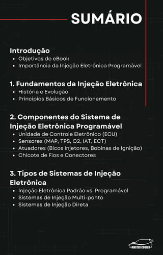 SUMÁRIO
Introdução
Objetivos do eBook
Importância da Injeção Eletrônica Programável
1. Fundamentos da Injeção Eletrônica
História e Evolução
Princípios Básicos de Funcionamento
2. Componentes do Sistema de
Injeção Eletrônica Programável
Unidade de Controle Eletrônico (ECU)
Sensores (MAP, TPS, O2, IAT, ECT)
Atuadores (Bicos Injetores, Bobinas de Ignição)
Chicote de Fios e Conectores
3. Tipos de Sistemas de Injeção
Eletrônica
Injeção Eletrônica Padrão vs. Programável
Sistemas de Injeção Multi-ponto
Sistemas de Injeção Direta
 