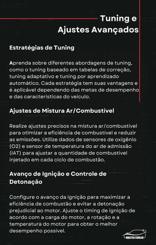 Tuning e
Ajustes Avançados
Estratégias de Tuning
Aprenda sobre diferentes abordagens de tuning,
como o tuning baseado em tabelas de correção,
tuning adaptativo e tuning por aprendizado
automático. Cada estratégia tem suas vantagens e
é aplicável dependendo das metas de desempenho
e das características do veículo.
Ajustes de Mistura Ar/Combustível
Realize ajustes precisos na mistura ar/combustível
para otimizar a eficiência de combustível e reduzir
as emissões. Utilize dados de sensores de oxigênio
(O2) e sensor de temperatura do ar de admissão
(IAT) para ajustar a quantidade de combustível
injetado em cada ciclo de combustão.
Avanço de Ignição e Controle de
Detonação
Configure o avanço da ignição para maximizar a
eficiência de combustão e evitar a detonação
prejudicial ao motor. Ajuste o timing de ignição de
acordo com a carga do motor, a rotação e a
temperatura do motor para obter o melhor
desempenho possível.
 