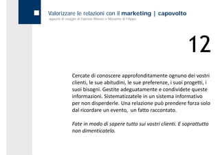 Valorizzare le relazioni con il marketing | capovolto
appunti di viaggio di Fabrizio Monaci e Massimo di Filippo




                                                                    12
               Cercate di conoscere approfonditamente ognuno dei vostri 
               clienti, le sue abitudini, le sue preferenze, i suoi progetti, i 
               suoi bisogni. Gestite adeguatamente e condividete queste 
               informazioni. Sistematizzatele in un sistema informativo 
               per non disperderle. Una relazione può prendere forza solo 
               per non disperderle Una relazione può prendere forza solo
               dal ricordare un evento,  un fatto raccontato.

               Fate in modo di sapere tutto sui vostri clienti. E soprattutto 
               non dimenticatelo.
 