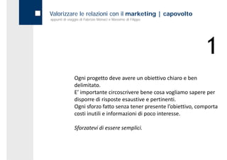 Valorizzare le relazioni con il marketing | capovolto
appunti di viaggio di Fabrizio Monaci e Massimo di Filippo




                                                                      1
               Ogni progetto deve avere un obiettivo chiaro e ben 
               delimitato.
               E’ importante circoscrivere bene cosa vogliamo sapere per 
               disporre di risposte esaustive e pertinenti.
               Ogni sforzo fatto senza tener presente l obiettivo, comporta 
               Ogni sforzo fatto senza tener presente l’obiettivo comporta
               costi inutili e informazioni di poco interesse.

               Sforzatevi di essere semplici.
 