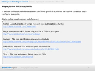 Introdução ao Marketing no Facebook Como sua empresa pode conquistar uma audiência online


Integração com aplicativos prontos

Já existem diversas funcionalidades com aplicativos gratuitos e prontos para serem utilizados, basta
configurar sua conta.

Abaixo indicamos alguns dos mais famosos:

 Twitter –Aba atualizada em tempo real com suas publicações no Twitter
 http://www.facebook.com/TweetsApp

 Blog – Aba que usa o RSS do seu blog e exibe as últimas postagens
 http://www.facebook.com/networkedblogs

 Youtube – Aba com os vídeos do seu canal no Youtube
 http://www.facebook.com/add.php?api_key=b890f412cf14fd28c87b265a714423b9&pages

 Slideshare – Aba com suas apresentações no Slideshare
 http://www.facebook.com/apps/application.php?id=2490221586

 Flickr – Aba com as imagens da sua conta no Flickr
 http://www.facebook.com/flickrtab




                           Marketing Digital de resultado para PMEs                                    40
 