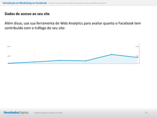 Introdução ao Marketing no Facebook Como sua empresa pode conquistar uma audiência online



 Dados de acesso ao seu site

 Além disso, use sua ferramenta de Web Analytics para avaliar quanto o Facebook tem
 contribuído com o tráfego do seu site:




                           Marketing Digital de resultado para PMEs                         48
 