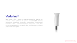 E-BOOK MICROAGULHAMENTO
Vederine®
Neste estudo in vitro, o objetivo foi avaliar a capacidade de Vederine® em
aumentar a síntese de ﬁlagrina em epiderme reconstituída (ER), obtida de
queratinócitos envelhecidos. A ﬁlagrina é importante para manutenção da
homeostase cutânea e, após transformações no estrato córneo superior, libera
aminoácidos que auxiliam na retenção de água, contribuindo para o aumento
da densidade cutânea (Silab).
 