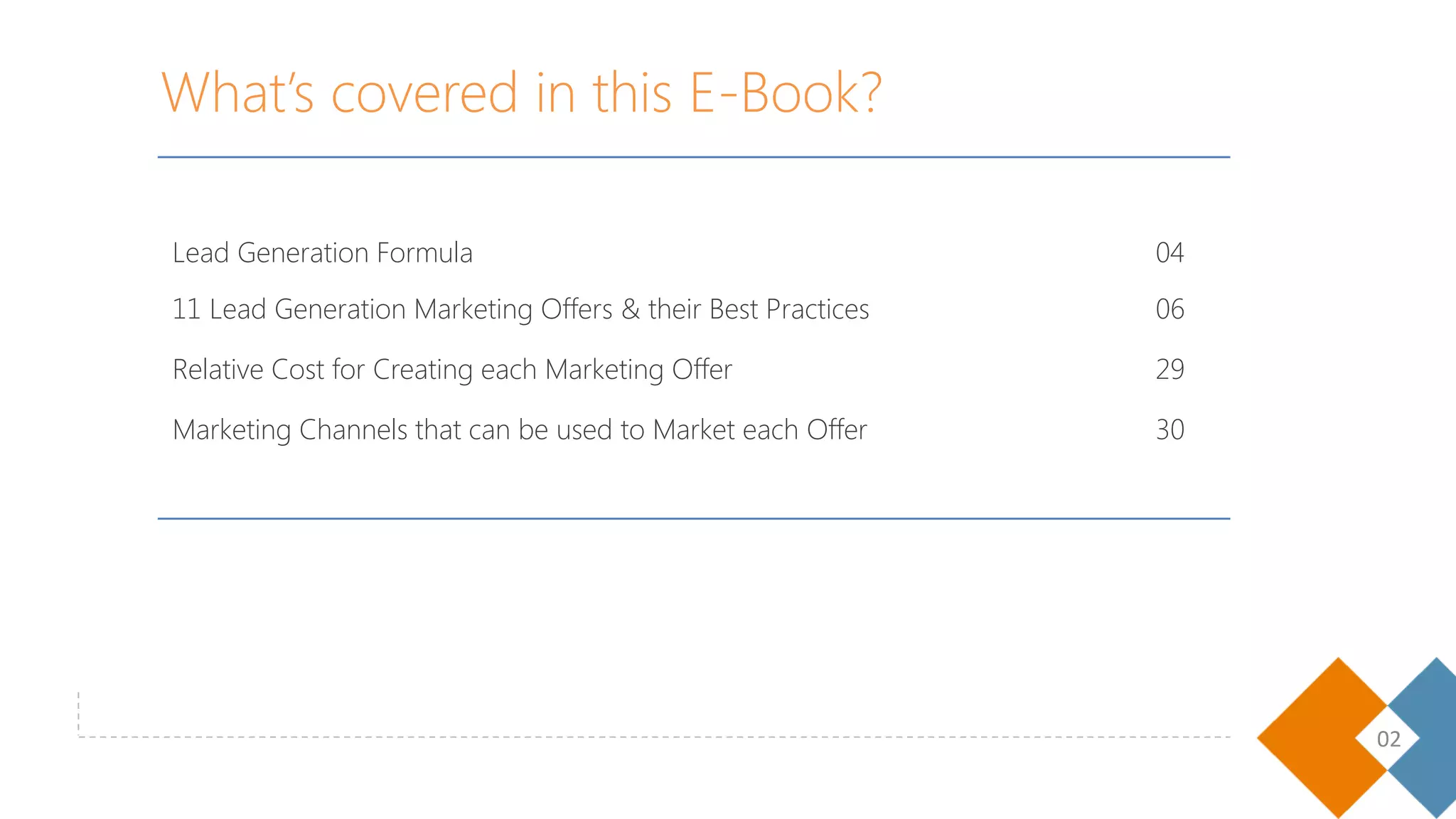 Lead Generation Formula 04
11 Lead Generation Marketing Offers & their Best Practices 06
Relative Cost for Creating each Marketing Offer 29
Marketing Channels that can be used to Market each Offer 30
02
What’s covered in this E-Book?
 