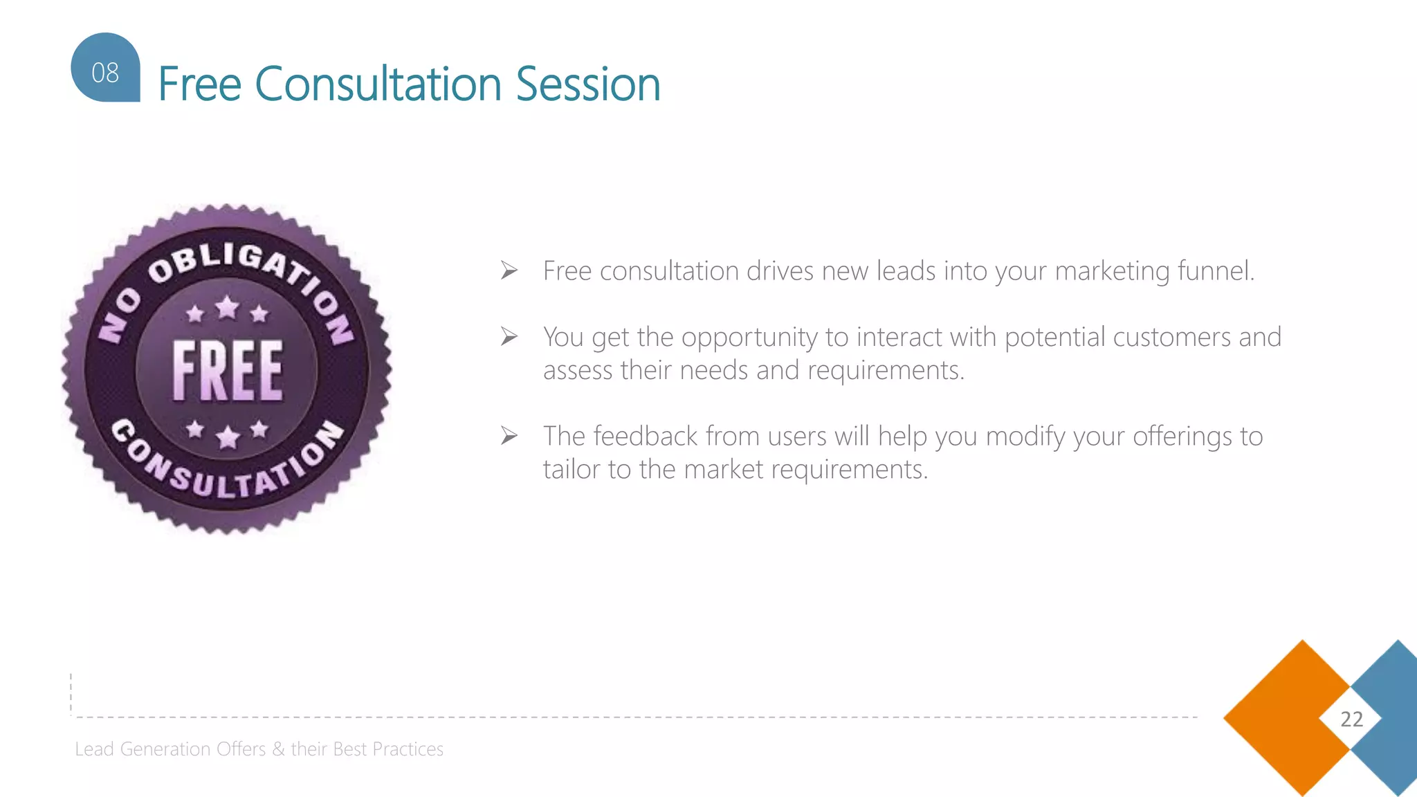 22
Free Consultation Session08
 Free consultation drives new leads into your marketing funnel.
 You get the opportunity to interact with potential customers and
assess their needs and requirements.
 The feedback from users will help you modify your offerings to
tailor to the market requirements.
Lead Generation Offers & their Best Practices
 