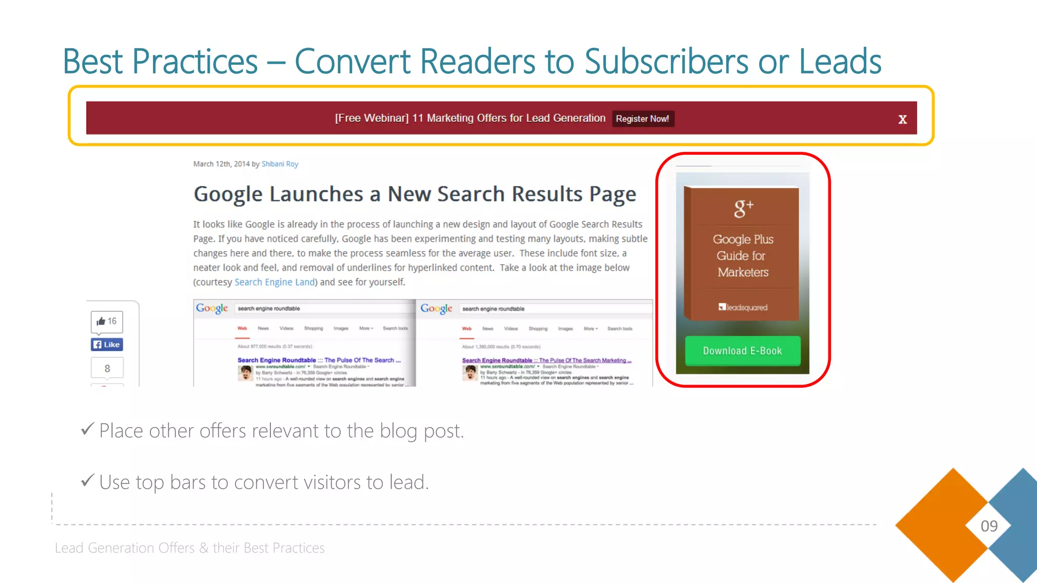09
 Place other offers relevant to the blog post.
Best Practices – Convert Readers to Subscribers or Leads
Lead Generation Offers & their Best Practices
 Use top bars to convert visitors to lead.
 