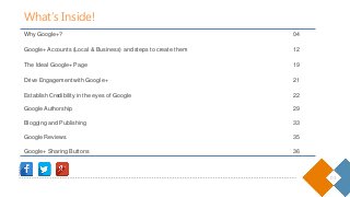 What’s Inside!
03
Why Google+? 04
Google+ Accounts (Local & Business) and steps to create them 12
The Ideal Google+ Page 1...