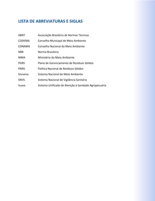 LISTA DE ABREVIATURAS E SIGLAS
ABNT Associação Brasileira de Normas Técnicas
CODEMA Conselho Municipal de Meio Ambiente
CONAMA Conselho Nacional do Meio Ambiente
NBR Norma Brasileira
MMA Ministério do Meio Ambiente
PGRS Plano de Gerenciamento de Resíduos Sólidos
PNRS Política Nacional de Resíduos Sólidos
Sisnama Sistema Nacional do Meio Ambiente
SNVS Sistema Nacional de Vigilância Sanitária
Suasa Sistema Unificado de Atenção à Sanidade Agropecuária
 