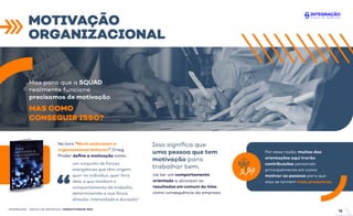 MOTIVAÇÃO
ORGANIZACIONAL
INTEGRAÇÃO - ESCOLA DE NEGÓCIOS | PRODUTIVIDADE ÁGIL
No livro “Work motivation in
organizational behavior”, Craig
Pinder deﬁne a motivação como:
um conjunto de forças
energéticas que têm origem
quer no indivíduo, quer fora
dele, e que moldam o
comportamento de trabalho,
determinando a sua força,
direção, intensidade e duração”.
vai ter um comportamento
orientado a alcançar os
resultados em comum do time,
como consequência da empresa.
Isso signiﬁca que
uma pessoa que tem
motivação para
trabalhar bem,
Mas para que a SQUAD
realmente funcione
precisamos de motivação.
MAS COMO
CONSEGUIR ISSO?
Por essa razão, muitas das
orientações aqui trarão
contribuições pensando
principalmente em como
motivar as pessoas para que
elas se tornem mais produtivas.
12
 