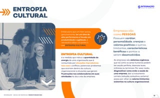 ENTROPIA
CULTURAL
INTEGRAÇÃO - ESCOLA DE NEGÓCIOS | PRODUTIVIDADE ÁGIL
Então para que um líder possa,
genuinamente, ter um time de
alta performance e focado em
produtividade e agilidade, é
necessário olhar um ponto à
sua ENTROPIA CULTURAL.
ENTROPIA CULTURAL
Empresas são
como PESSOAS.
Possuem caráter,
personalidade, crenças e
valores positivos e outros,
limitantes, características
benéﬁcas e pontos a
serem desenvolvidos.
As empresas são sistemas orgânicos,
que tal como os seres humanos podem
ter saúde perfeita, doenças leves,
crônicas ou terminais. Por essa razão,
diagnosticar como anda a saúde de
uma empresa, dar o tratamento
correto (solução consultiva certeira)
passa por olhar os valores limitantes
existentes na cultura organizacional.
é a medida que indica a quantidade de
energia de uma organização que é
consumida por situações improdutivas
tais como: conﬂitos, potenciais problemas
que ocorrem dentro da cultura
organizacional e situações que geram
frustrações nos colaboradores em suas
atividades no dia a dia da empresa.
17
 