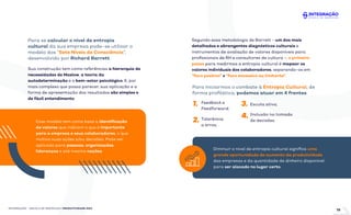 INTEGRAÇÃO - ESCOLA DE NEGÓCIOS | PRODUTIVIDADE ÁGIL
Para se calcular o nível de entropia
cultural da sua empresa pode-se utilizar o
modelo dos “Sete Níveis de Consciência”,
desenvolvido por Richard Barrett.
Esse modelo tem como base a identiﬁcação
de valores que indicam o que é importante
para a empresa e seus colaboradores, o que
motiva suas ações e/ou decisões. Pode ser
aplicado para pessoas, organizações,
lideranças e até mesmo nações.
Sua construção tem como referências a hierarquia de
necessidades de Maslow, a teoria da
autodeterminação e o bem-estar psicológico. E, por
mais complexo que possa parecer, sua aplicação e a
forma de apresentação dos resultados são simples e
de fácil entendimento.
19
Segundo essa metodologia de Barrett - um dos mais
detalhados e abrangentes diagnósticos culturais e
instrumentos de avaliação de valores disponíveis para
proﬁssionais de RH e consultores de cultura -, o primeiro
passo para medirmos a entropia cultural é mapear os
valores individuais dos colaboradores, separando-os em
“foco positivo” x “foco excessivo ou limitante”.
Diminuir o nível de entropia cultural signiﬁca uma
grande oportunidade de aumento da produtividade
das empresas e da quantidade de dinheiro disponível
para ser alocado no lugar certo.
Para iniciarmos o combate à Entropia Cultural, de
forma proﬁlática, podemos atuar em 4 frentes:
Feedback e
Feedforward;
1.
Tolerância
a erros;
2.
Escuta ativa;
3.
Inclusão na tomada
de decisões.
4.
 