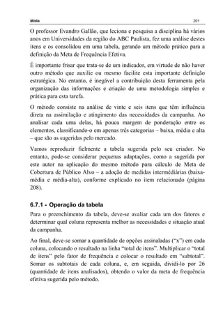 Mídia 201
O professor Evandro Gallão, que leciona e pesquisa a disciplina há vários
anos em Universidades da região do ABC Paulista, fez uma análise destes
itens e os consolidou em uma tabela, gerando um método prático para a
definição da Meta de Frequência Efetiva.
É importante frisar que trata-se de um indicador, em virtude de não haver
outro método que auxilie ou mesmo facilite esta importante definição
estratégica. No entanto, é inegável a contribuição desta ferramenta pela
organização das informações e criação de uma metodologia simples e
prática para esta tarefa.
O método consiste na análise de vinte e seis itens que têm influência
direta na assimilação e atingimento das necessidades da campanha. Ao
analisar cada uma delas, há pouca margem de ponderação entre os
elementos, classificando-o em apenas três categorias – baixa, média e alta
– que são as sugeridas pelo mercado.
Vamos reproduzir fielmente a tabela sugerida pelo seu criador. No
entanto, pode-se considerar pequenas adaptações, como a sugerida por
este autor na aplicação do mesmo método para cálculo de Meta de
Cobertura de Público Alvo – a adoção de medidas intermédiárias (baixa-
média e média-alta), conforme explicado no item relacionado (página
208).
6.7.1 - Operação da tabela
Para o preenchimento da tabela, deve-se avaliar cada um dos fatores e
determinar qual coluna representa melhor as necessidades e situação atual
da campanha.
Ao final, deve-se somar a quantidade de opções assinaladas (“x”) em cada
coluna, colocando o resultado na linha “total de itens”. Multiplicar o “total
de itens” pelo fator de frequência e colocar o resultado em “subtotal”.
Somar os subtotais de cada coluna, e, em seguida, dividi-lo por 26
(quantidade de itens analisados), obtendo o valor da meta de frequência
efetiva sugerida pelo método.
 