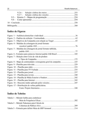 22 Rodolfo Nakamura
9.2.6 - Seleção e defesa dos meios .......................................................253
9.2.7 - Seleção e defesa dos veículos ...................................................254
9.3 - Roteiro 3 – Mapas de programação....................................................254
9.4 - Como apresentar.................................................................................254
10 - Conclusão.............................................................................................................258
Bibliografia...................................................................................................................260
Índice de Figuras
Figura 1 – Audiência domiciliar e individual ................................................................36
Figura 2 – Padrões de exibição / Continuidade..............................................................62
Figura 3 – Objetivos da Campanha com relação ao Target ...........................................65
Figura 4 – Medidas da colunagem de jornal formato
standard, padrão ANJ.............................................................................76
Figura 5 - Medidas da colunagem de jornal formato tablóide,
padrão ANJ.............................................................................................77
Figura 6 - Formatos para anúncios Internet padrão IAB Brasil ...................................105
Figura 7 – Relação entre Ciclo de vida de produto
e Tipos de Campanha............................................................................172
Figura 8 – Mapa de continuidade e cronograma geral da campanha ...........................225
Figura 9 – Planilha para televisão................................................................................229
Figura 10 - Planilha para rádio ...................................................................................233
Figura 11 – Planilha para TV Fechada ........................................................................235
Figura 12 – Planilha para jornal...................................................................................237
Figura 13 – Planilha para revista .................................................................................240
Figura 14 – Planilha de Mídia Exterior e Outdoor.......................................................242
Figura 15 - Planilha para Internet ...............................................................................245
Figura 16 – Desconto médio aplicado pelos veículos..................................................247
Figura 17 – Distribuição de verbas publicitárias.
Fonte: Projeto Intermeios......................................................................248
Índice de Tabelas
Tabela 1 – Método Gallão para estabelecer
Meta de Frequência Eficaz....................................................................202
Tabela 2 – Método Nakamura para Cálculo de
Cobertura de Público-Alvo ...................................................................209
Tabela 3 – Fórmula para definir Meta de GRP Semanal ..............................................214
 