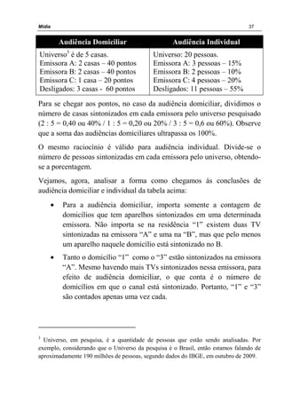 Mídia 37
Audiência Domiciliar Audiência Individual
Universo3
é de 5 casas.
Emissora A: 2 casas – 40 pontos
Emissora B: 2 casas – 40 pontos
Emissora C: 1 casa – 20 pontos
Desligados: 3 casas - 60 pontos
Universo: 20 pessoas.
Emissora A: 3 pessoas – 15%
Emissora B: 2 pessoas – 10%
Emissora C: 4 pessoas – 20%
Desligados: 11 pessoas – 55%
Para se chegar aos pontos, no caso da audiência domiciliar, dividimos o
número de casas sintonizados em cada emissora pelo universo pesquisado
(2 : 5 = 0,40 ou 40% / 1 : 5 = 0,20 ou 20% / 3 : 5 = 0,6 ou 60%). Observe
que a soma das audiências domiciliares ultrapassa os 100%.
O mesmo raciocínio é válido para audiência individual. Divide-se o
número de pessoas sintonizadas em cada emissora pelo universo, obtendo-
se a porcentagem.
Vejamos, agora, analisar a forma como chegamos às conclusões de
audiência domiciliar e individual da tabela acima:
• Para a audiência domiciliar, importa somente a contagem de
domicílios que tem aparelhos sintonizados em uma determinada
emissora. Não importa se na residência “1” existem duas TV
sintonizadas na emissora “A” e uma na “B”, mas que pelo menos
um aparelho naquele domicílio está sintonizado no B.
• Tanto o domicílio “1” como o “3” estão sintonizados na emissora
“A”. Mesmo havendo mais TVs sintonizados nessa emissora, para
efeito de audiência domiciliar, o que conta é o número de
domicílios em que o canal está sintonizado. Portanto, “1” e “3”
são contados apenas uma vez cada.
3
Universo, em pesquisa, é a quantidade de pessoas que estão sendo analisadas. Por
exemplo, considerando que o Universo da pesquisa é o Brasil, então estamos falando de
aproximadamente 190 milhões de pessoas, segundo dados do IBGE, em outubro de 2009.
 