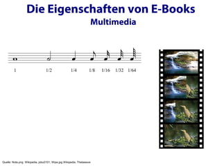 Die Eigenschaften von E-Books
                                                                  Multimedia




Quelle: Note.png Wikipedia, jobu0101; Wipe.jpg Wikipedia, Thetawave
 