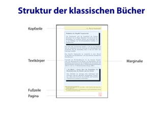 Struktur der klassischen Bücher
  Kopfzeile




  Textkörper              Marginalie




  Fußzeile
  Pagina
 