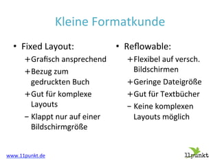 Kleine'Formatkunde'
•  Fixed'Layout:'
+ Graﬁsch'ansprechend'
+ Bezug'zum'
gedruckten'Buch'
+ Gut'für'komplexe'
Layouts'
- Klappt'nur'auf'einer'
Bildschirmgröße'

•  Reﬂowable:'
+ Flexibel'auf'versch.'
Bildschirmen'
+ Geringe'Dateigröße'
+ Gut'für'Textbücher'
- Keine'komplexen'
Layouts'möglich'
'

www.11punkt.de'

 