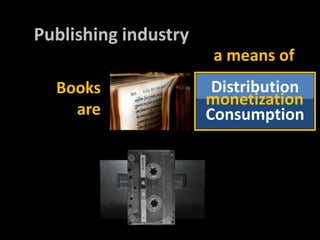 Publishingindustrya means ofvinyl, cassette, CD, DAT, DCC,etc.DistributionBooksaremonetizationConsumptionturntable, cassetterecorder, CD/DAT/DCC player, etc.