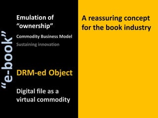 Emulation of“ownership”A reassuring conceptfor the book industry Commodity Business ModelSustaininginnovation“e-book”ObjectDRM-edDigital file as avirtual commodity
