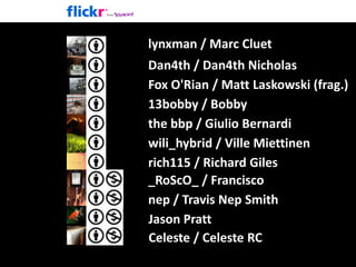 lynxman / Marc CluetDan4th / Dan4th NicholasFox O'Rian / MattLaskowski (frag.)13bobby / Bobbythebbp / Giulio Bernardiwili_hybrid / VilleMiettinenrich115 / Richard Giles_RoScO_ / Francisconep / Travis Nep SmithJason PrattCeleste / Celeste RC