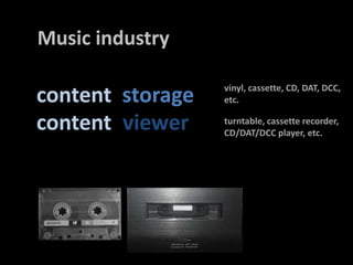 Music industrycontentstoragevinyl, cassette, CD, DAT, DCC,etc.contentviewerturntable, cassetterecorder, CD/DAT/DCC player, etc.