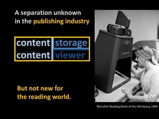 A separationunknownin thepublishingindustrycontentstoragecontentviewerButnot new for thereadingworld.Microfilm Reading Room of the UN Library, 1968
