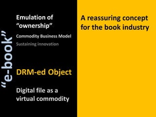 Emulation of,[object Object],“ownership”,[object Object],A reassuring concept,[object Object],for the book industry ,[object Object],Commodity Business Model,[object Object],Sustaininginnovation,[object Object],“e-book”,[object Object],Object,[object Object],DRM-ed,[object Object],Digital file as a,[object Object],virtual commodity,[object Object]