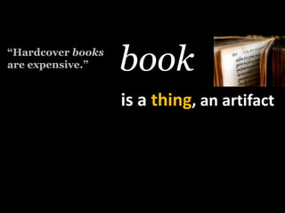book,[object Object],“Hardcoverbooks,[object Object],areexpensive.”,[object Object],is a thing, anartifact,[object Object]