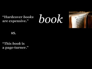 book<br />“Hardcoverbooks<br />areexpensive.”<br />vs.<br />“Thisbook is <br />a page-turner.”<br />