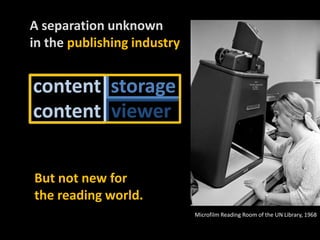 A separationunknown,[object Object],in thepublishingindustry,[object Object],content,[object Object],storage,[object Object],content,[object Object],viewer,[object Object],Butnot new for ,[object Object],thereadingworld.,[object Object],Microfilm Reading Room of the UN Library, 1968,[object Object]