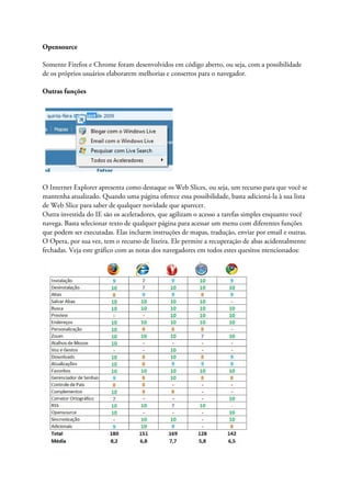 Opensource

Somente Firefox e Chrome foram desenvolvidos em código aberto, ou seja, com a possibilidade
de os próprios usuários elaborarem melhorias e consertos para o navegador.

Outras funções




O Internet Explorer apresenta como destaque os Web Slices, ou seja, um recurso para que você se
mantenha atualizado. Quando uma página oferece essa possibilidade, basta adicioná-la à sua lista
de Web Slice para saber de qualquer novidade que aparecer.
Outra investida do IE são os aceleradores, que agilizam o acesso a tarefas simples enquanto você
navega. Basta selecionar texto de qualquer página para acessar um menu com diferentes funções
que podem ser executadas. Elas incluem instruções de mapas, tradução, enviar por email e outras.
O Opera, por sua vez, tem o recurso de lixeira. Ele permite a recuperação de abas acidentalmente
fechadas. Veja este gráfico com as notas dos navegadores em todos estes quesitos mencionados:
 